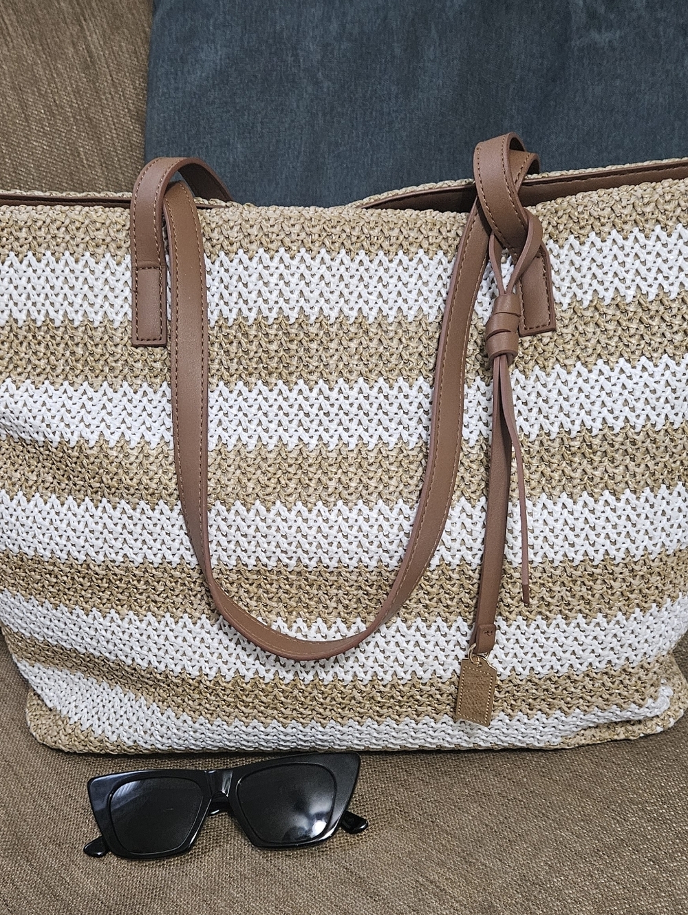 Striped White and Tan Woven Tote with Tan Shoulder Straps